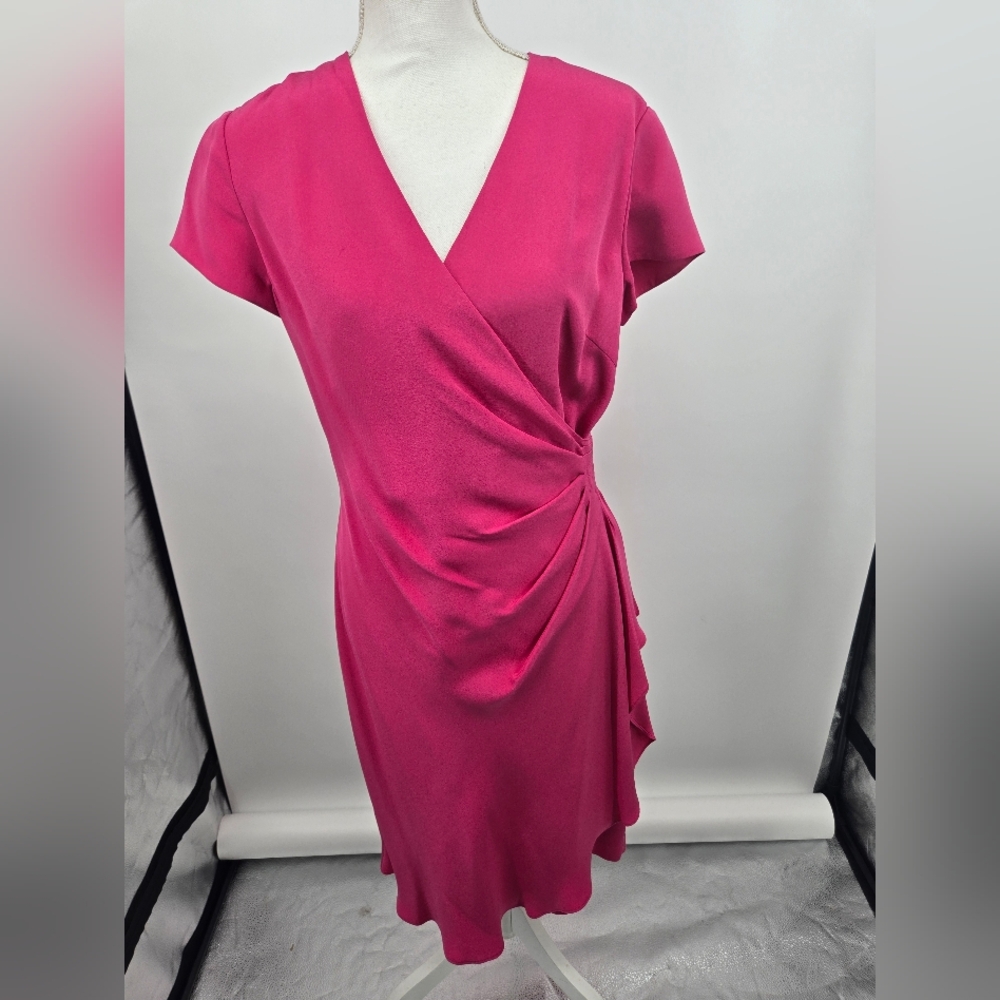 Maggy London Malibu Pink Gathered Side Silk Midi Dress Size 8 (6279)